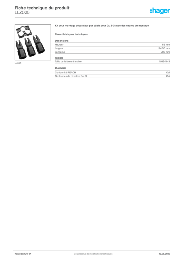 Image Hager Fiche technique du produit LLZ025 | Hager Suisse