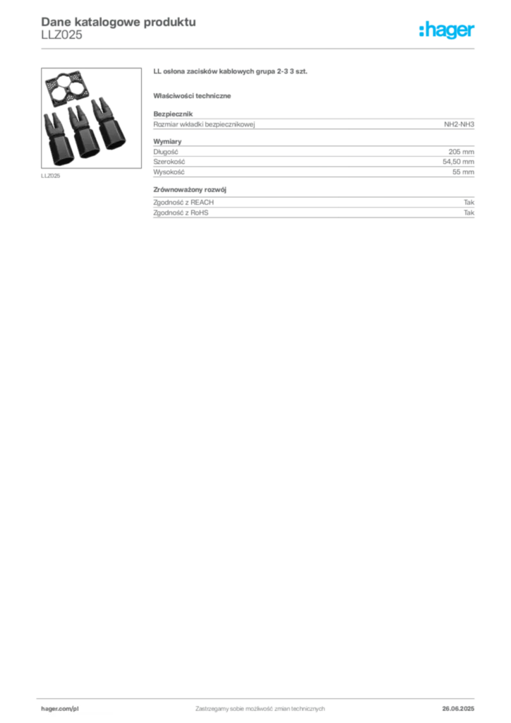 Zdjęcie Hager Dane katalogowe produktu LLZ025 | Hager Polska
