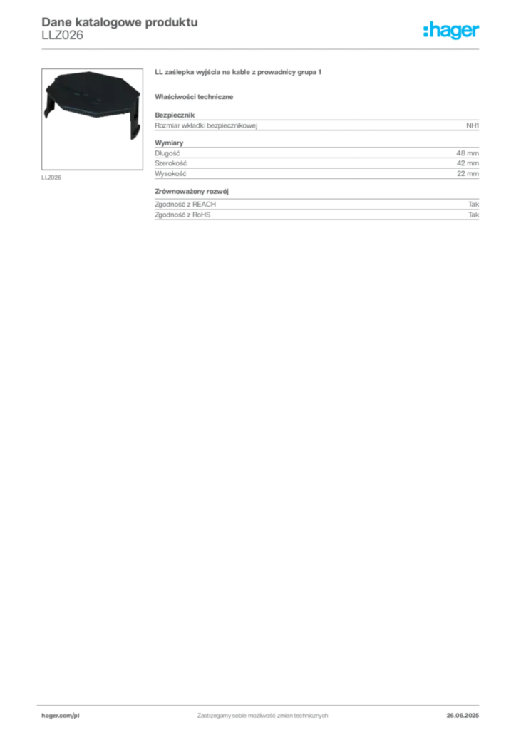 Zdjęcie Hager Dane katalogowe produktu LLZ026 | Hager Polska
