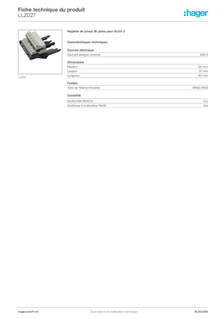 Image Hager Fiche technique du produit LLZ027 | Hager Suisse
