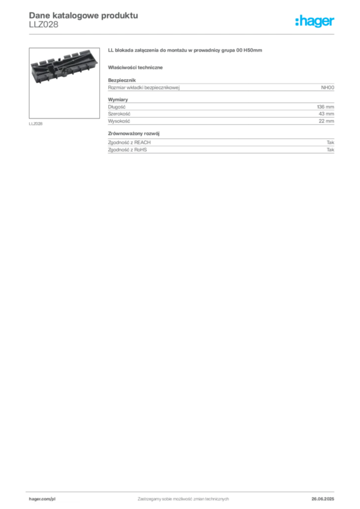Zdjęcie Hager Dane katalogowe produktu LLZ028 | Hager Polska
