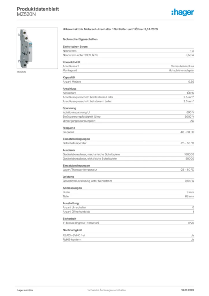 Bild Hager Produktdatenblatt MZ520N | Hager Deutschland