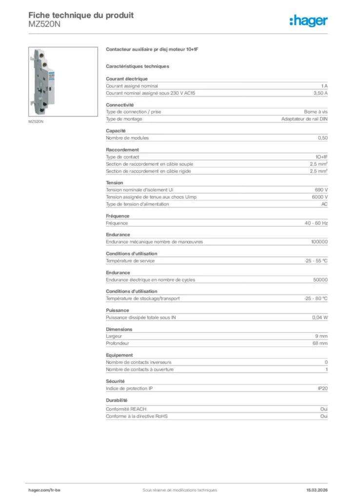 Image Hager Fiche technique du produit MZ520N | Hager Belgique