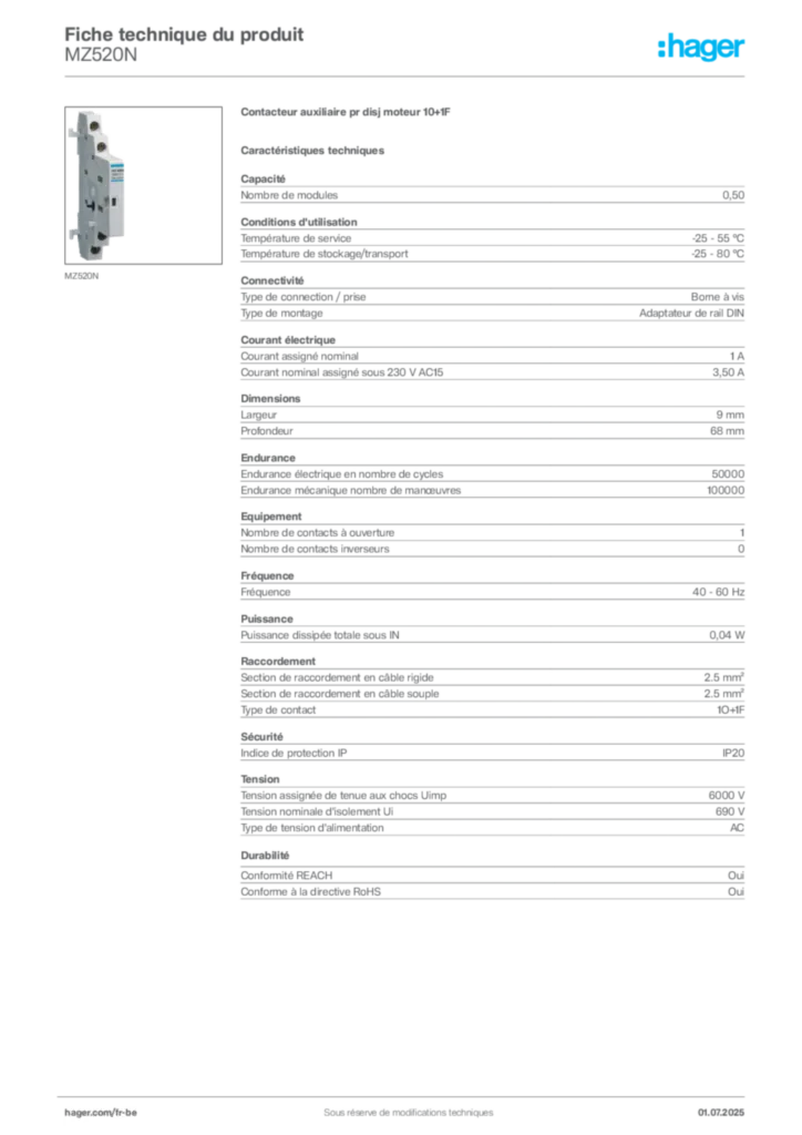 Image Hager Fiche technique du produit MZ520N | Hager Belgique