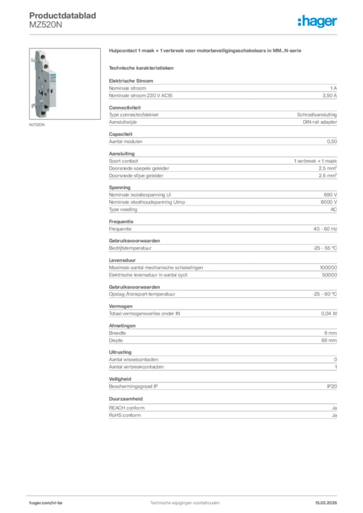 Afbeelding Hager Productdatablad MZ520N | Hager Belgium