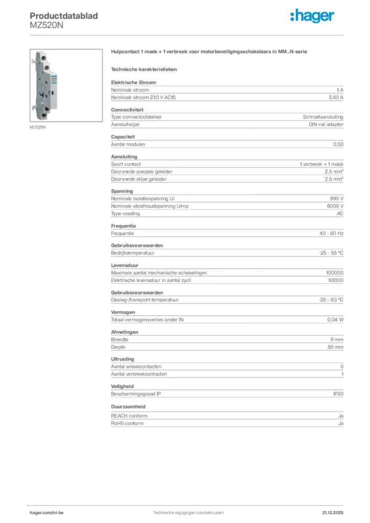 Afbeelding Hager Productdatablad MZ520N | Hager Belgium