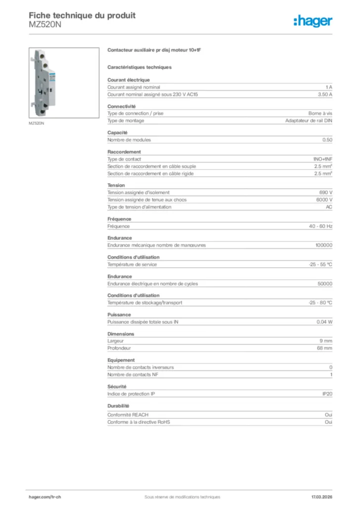 Image Hager Fiche technique du produit MZ520N | Hager Suisse