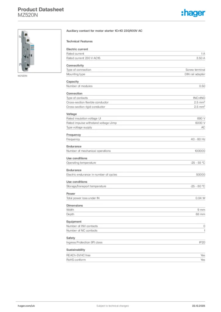 Image Hager Product data sheet MZ520N  | Hager