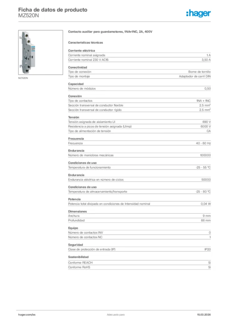 Imagen Hager Ficha de datos de producto MZ520N | Hager España