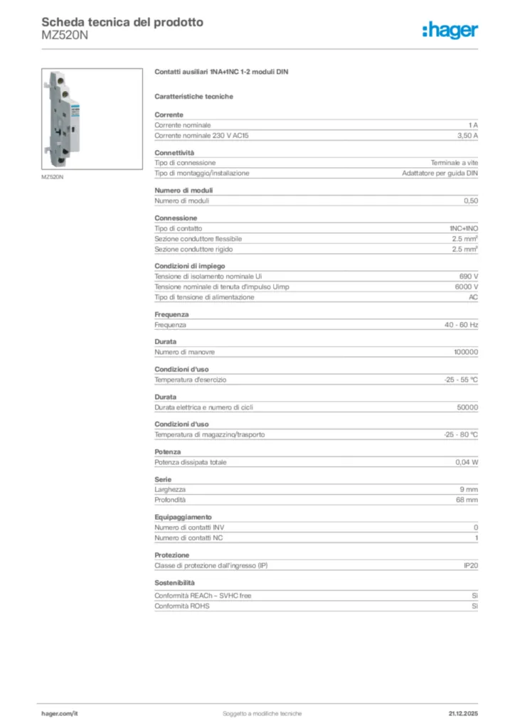 Immagine Hager Scheda tecnica del prodotto MZ520N | Hager Italia