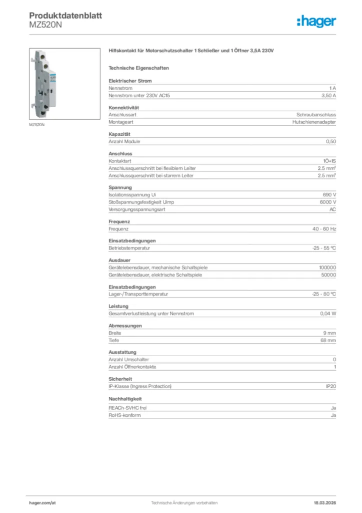 Bild Hager Produktdatenblatt MZ520N | Hager Deutschland