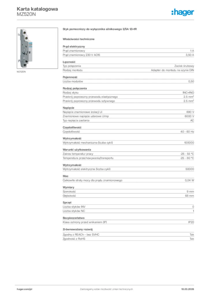 Zdjęcie Hager Karta katalogowa MZ520N | Hager Polska