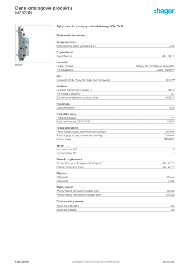 Zdjęcie Hager Dane katalogowe produktu MZ520N | Hager Polska