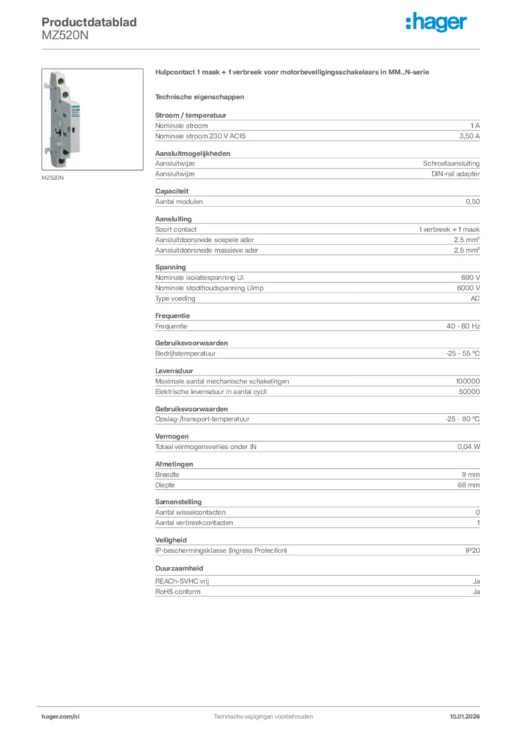 Afbeelding Hager Productdatablad MZ520N | Hager Nederland