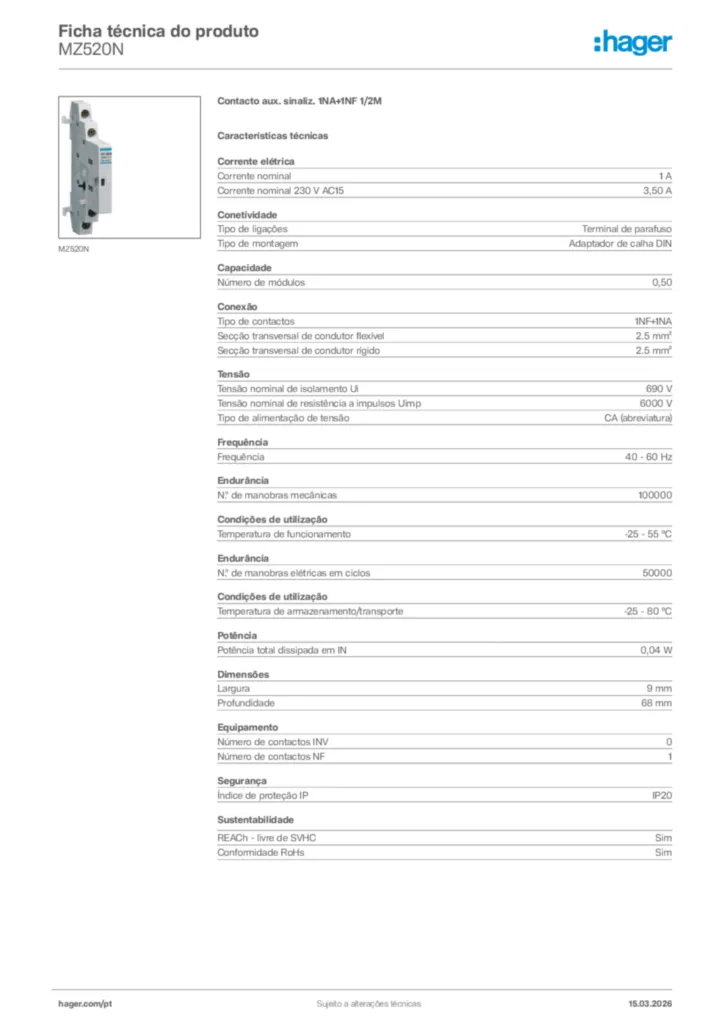 Imagem Hager Ficha técnica do produto MZ520N | Hager Portugal