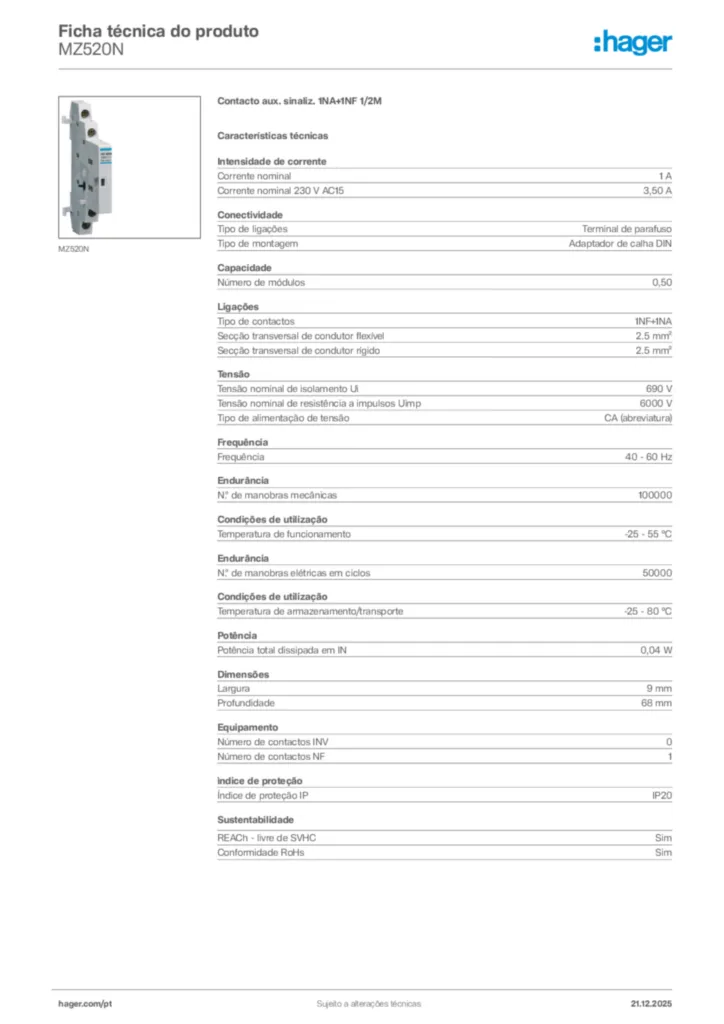 Imagem Hager Ficha técnica do produto MZ520N | Hager Portugal