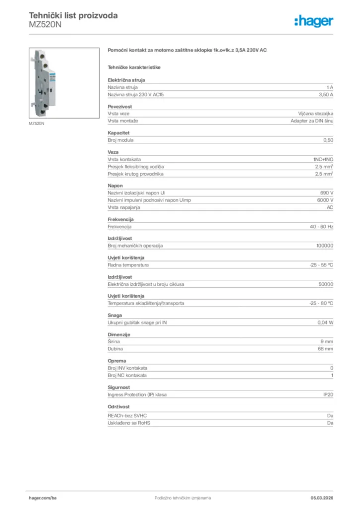 Slika Hager Tehnički list proizvoda MZ520N  | Hager