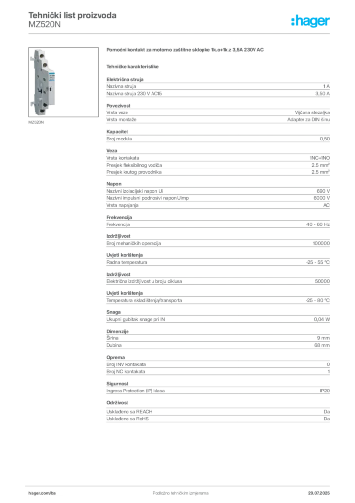 Slika Hager Product data sheet MZ520N  | Hager