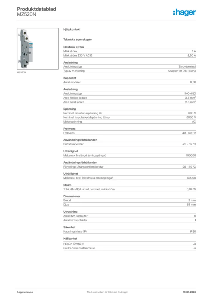 Bild Hager Produktdatablad MZ520N | Hager Sverige