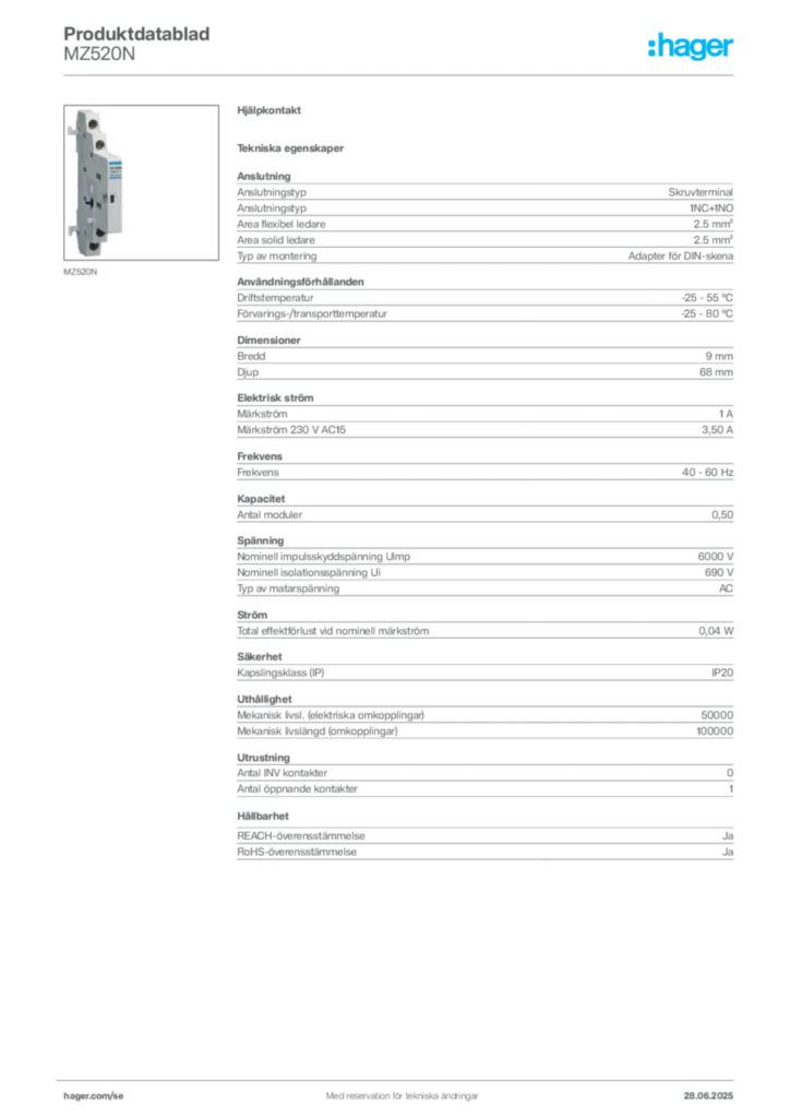 Bild Hager Produktdatablad MZ520N | Hager Sverige