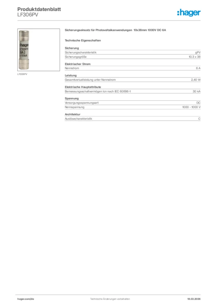Bild Hager Produktdatenblatt LF306PV | Hager Deutschland