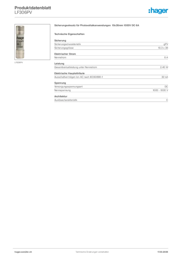 Bild Hager Produktdatenblatt LF306PV | Hager Schweiz