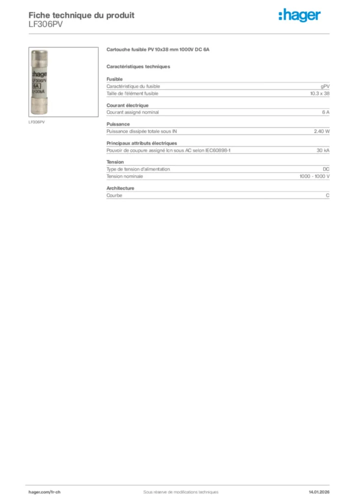 Image Hager Fiche technique du produit LF306PV | Hager Suisse