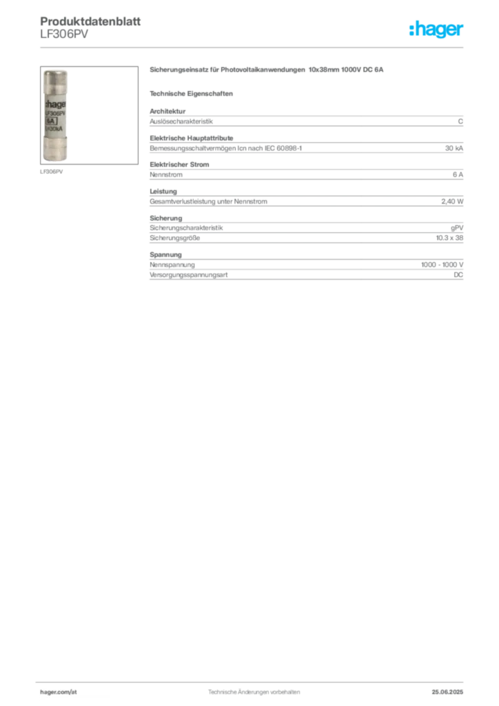 Bild Hager Produktdatenblatt LF306PV | Hager Deutschland
