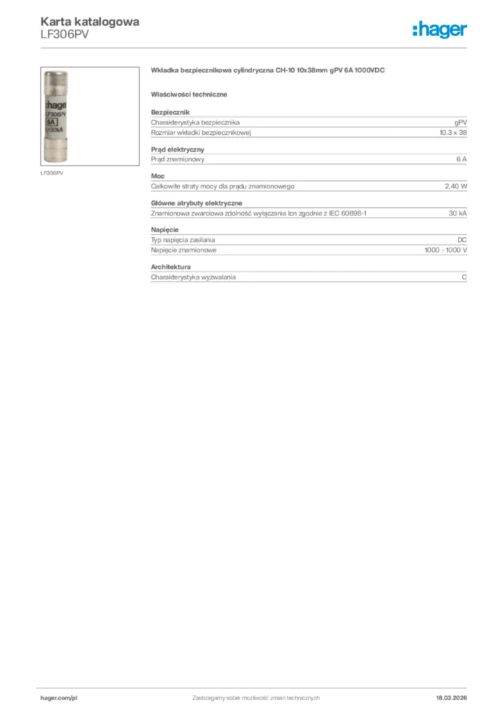 Zdjęcie Hager Karta katalogowa LF306PV | Hager Polska