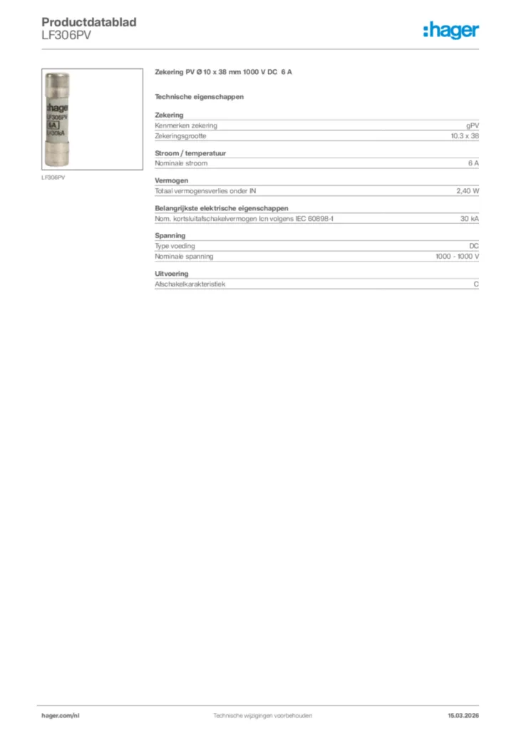 Afbeelding Hager Productdatablad LF306PV | Hager Nederland