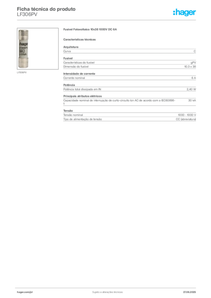 Imagem Hager Ficha técnica do produto LF306PV | Hager Portugal