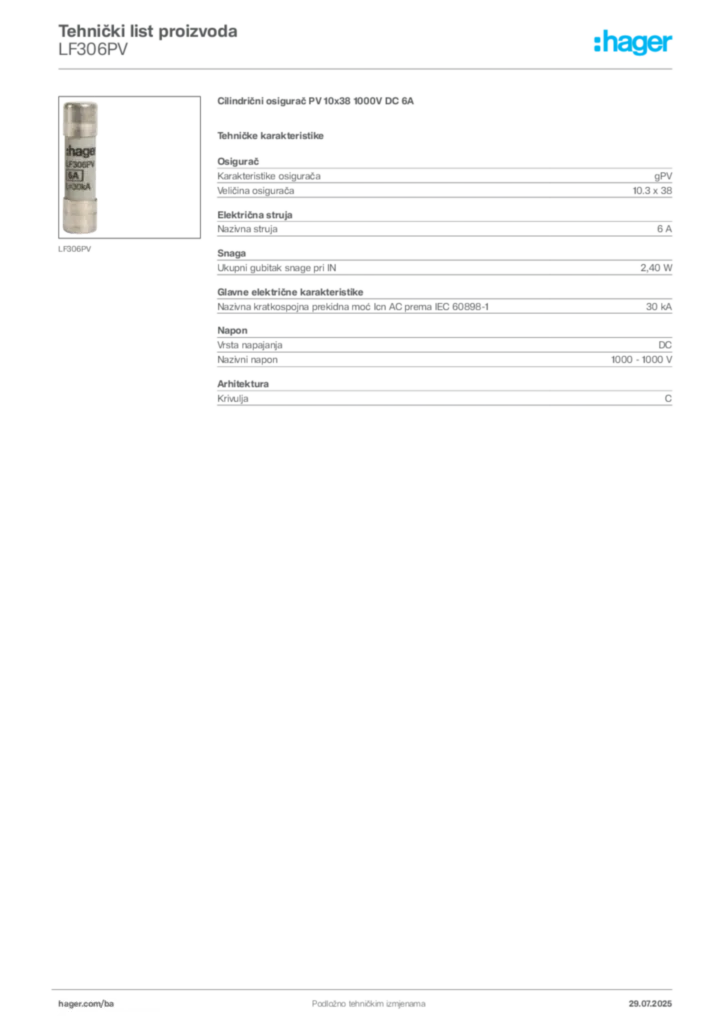 Slika Hager Product data sheet LF306PV  | Hager