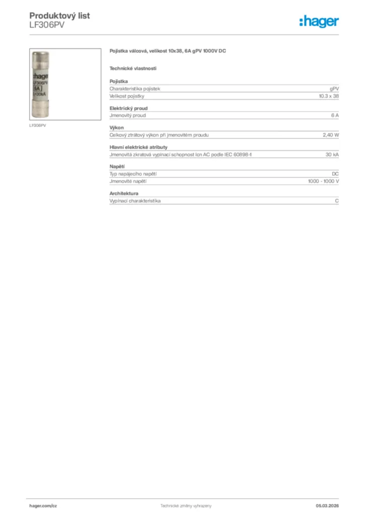Obrázek Hager Product data sheet LF306PV | Hager