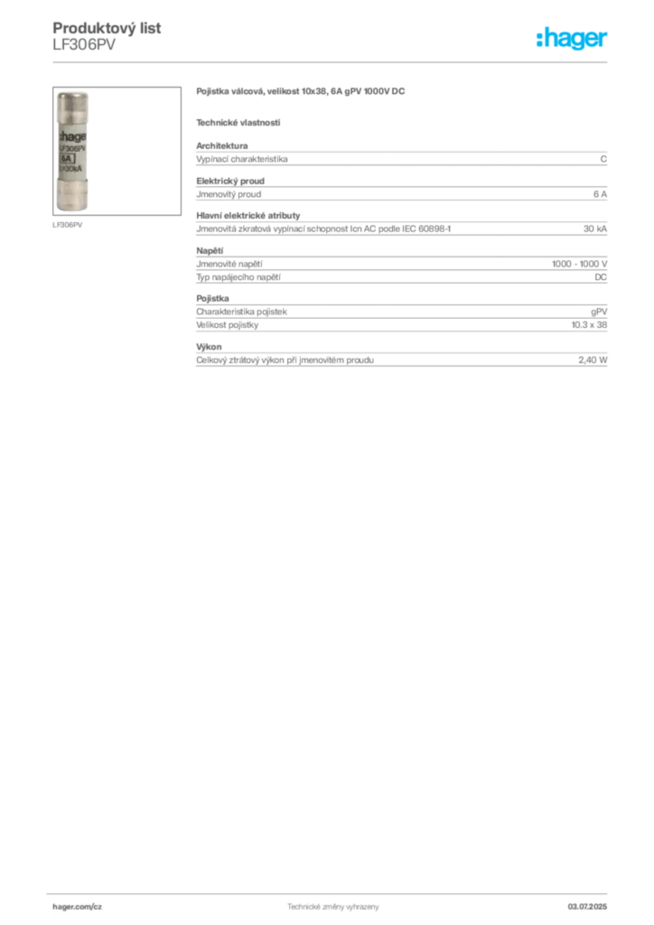Obrázek Hager Produktový list LF306PV | Hager