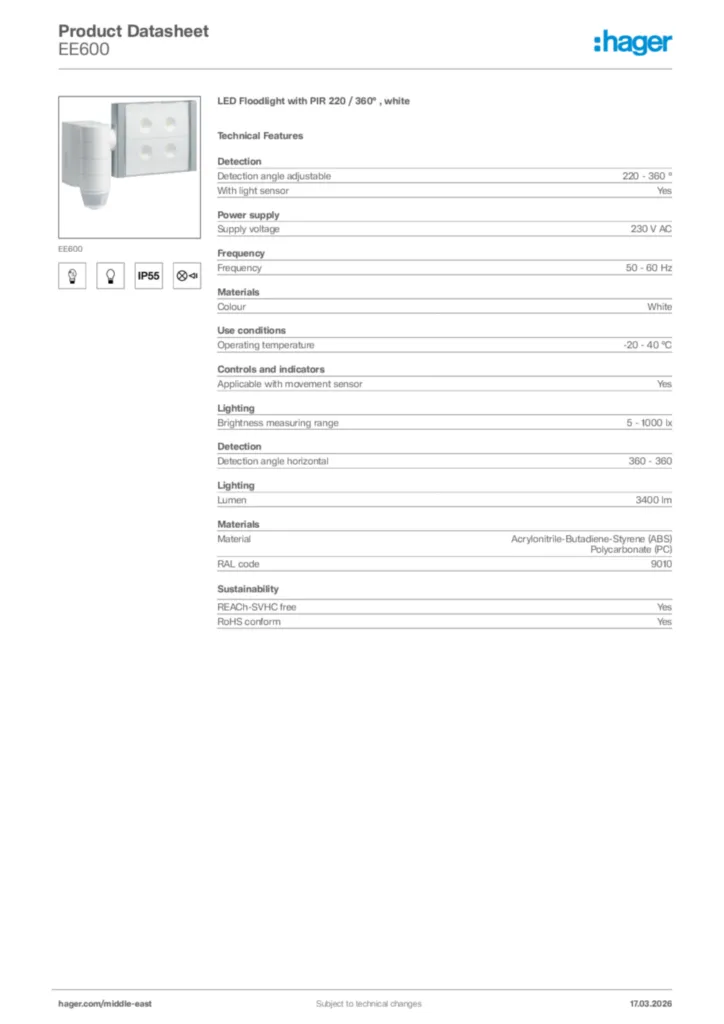 Image Hager Product data sheet EE600  | Hager
