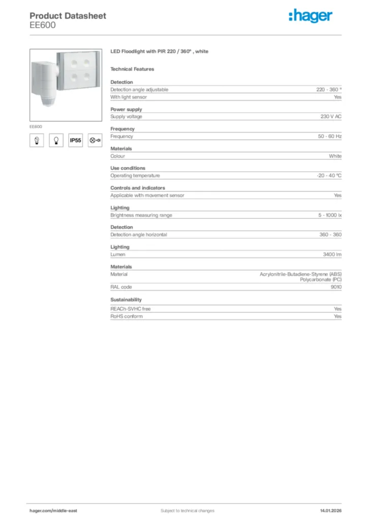 Image Hager Product data sheet EE600  | Hager