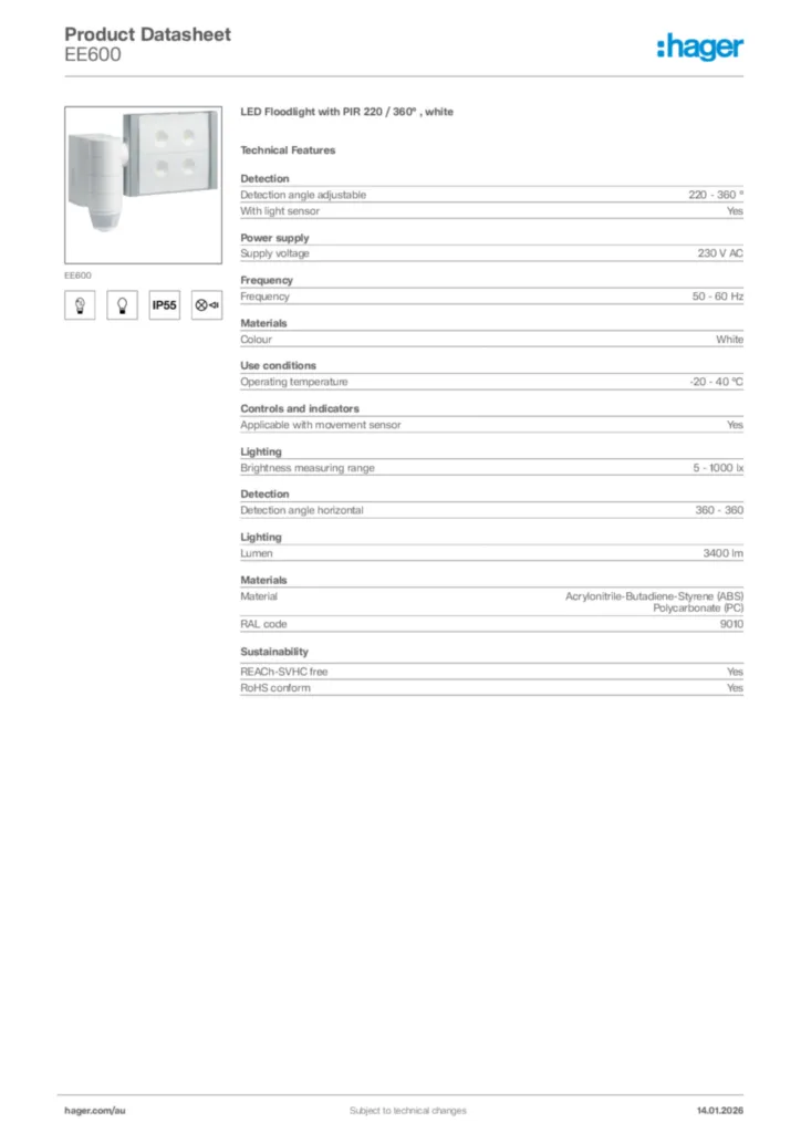 Image Hager Product data sheet EE600  | Hager Australia