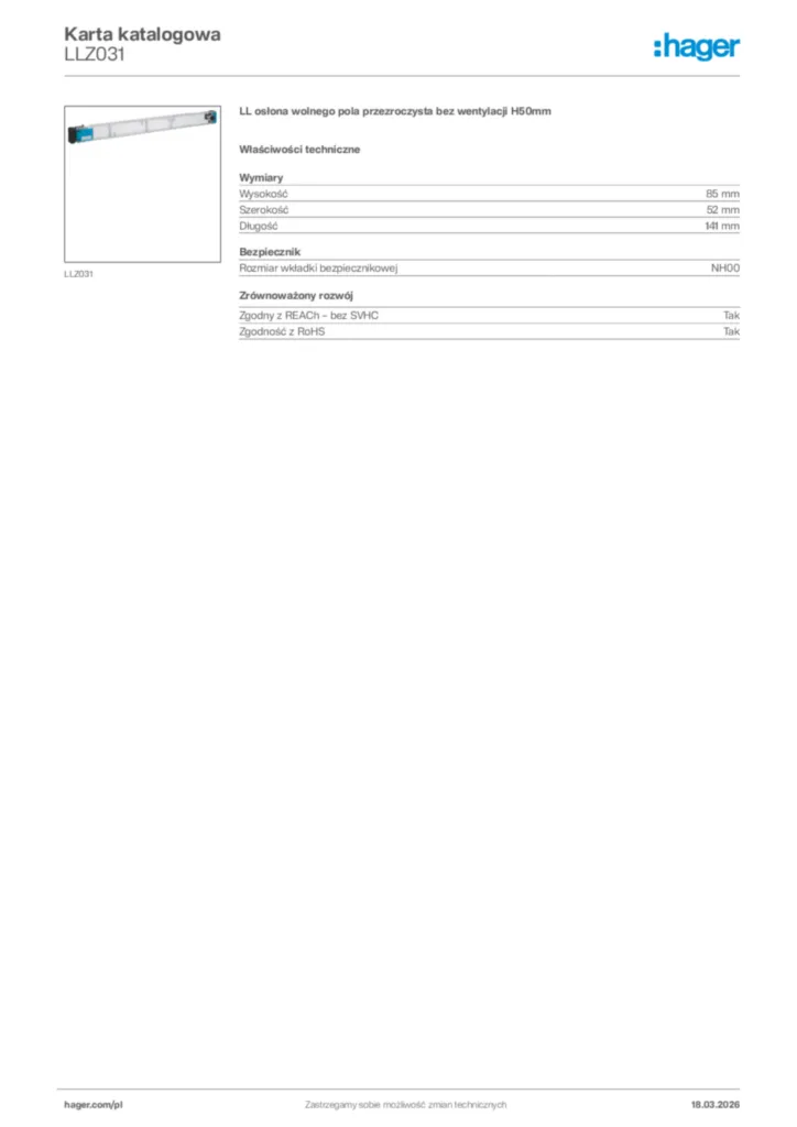 Zdjęcie Hager Karta katalogowa LLZ031 | Hager Polska