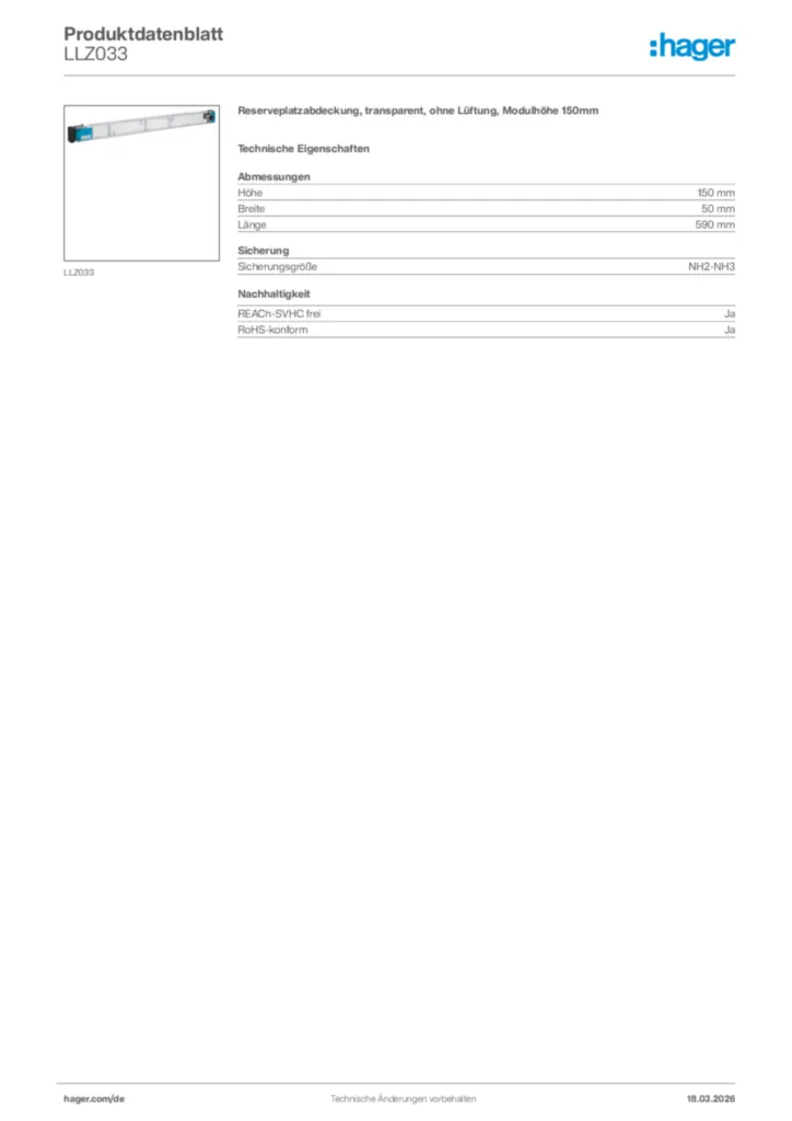 Bild Hager Produktdatenblatt LLZ033 | Hager Deutschland