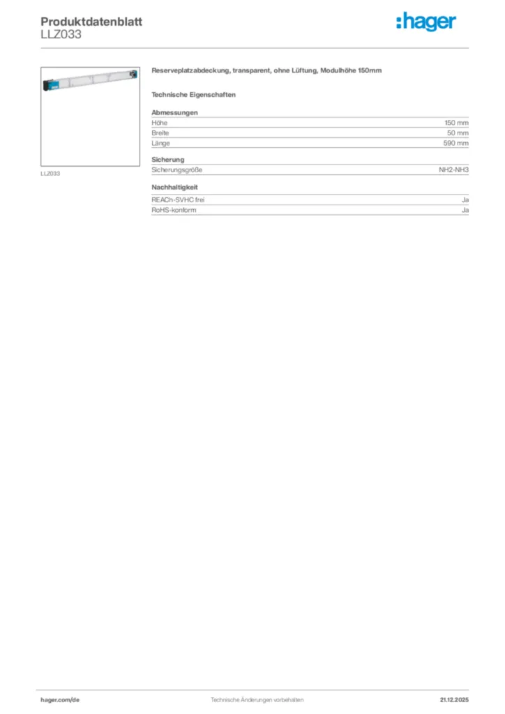 Bild Hager Produktdatenblatt LLZ033 | Hager Deutschland