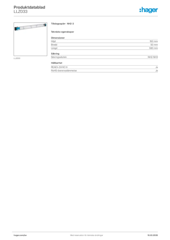 Bild Hager Produktdatablad LLZ033 | Hager Sverige