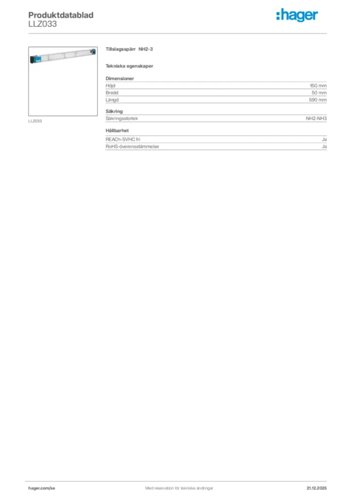 Bild Hager Produktdatablad LLZ033 | Hager Sverige