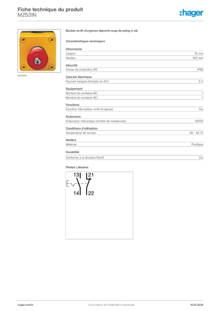 Image Hager Fiche technique du produit MZ531N | Hager France