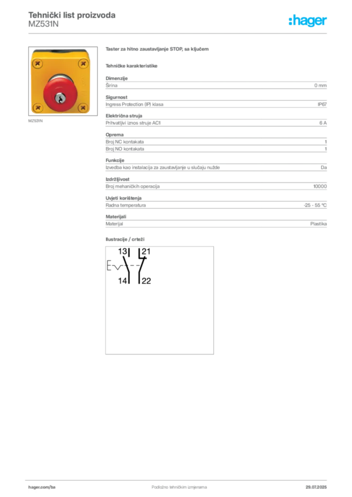 Slika Hager Product data sheet MZ531N  | Hager