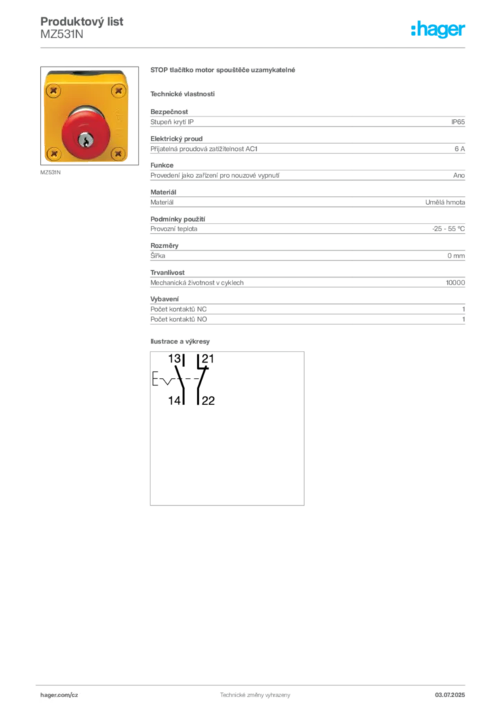 Obrázek Hager Produktový list MZ531N | Hager