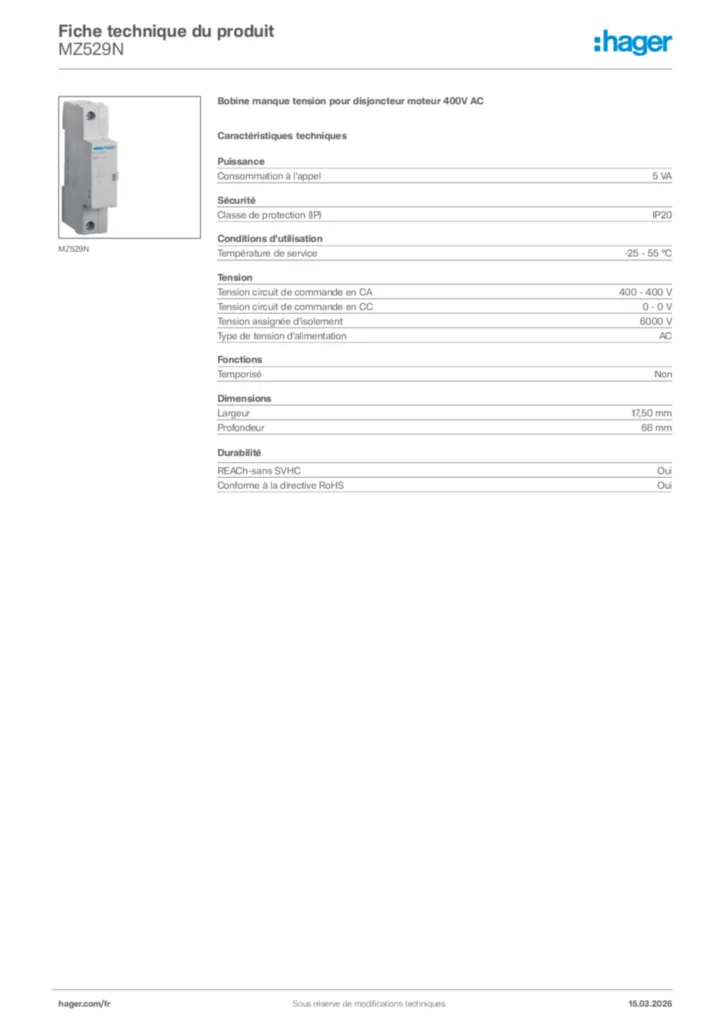 Image Hager Fiche technique du produit MZ529N | Hager France