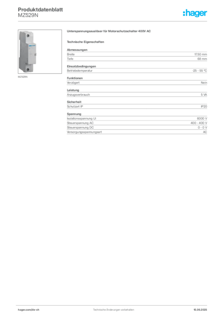 Bild Hager Produktdatenblatt MZ529N | Hager Schweiz