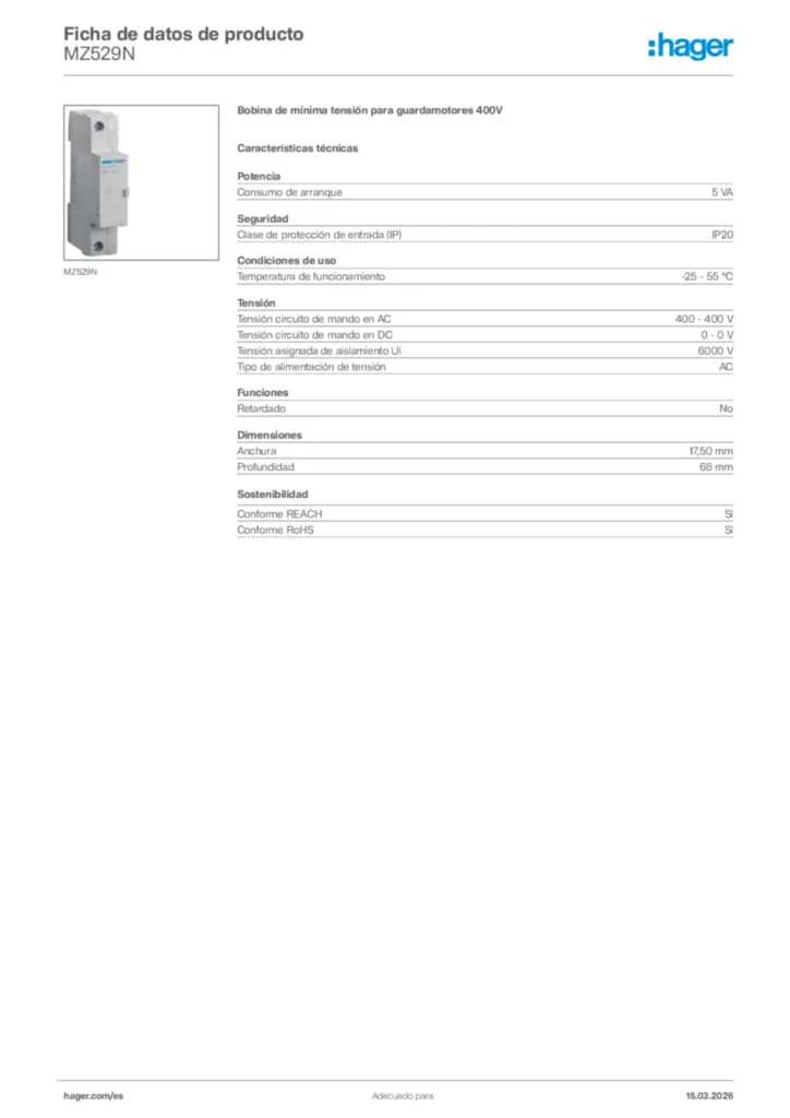 Imagen Hager Ficha de datos de producto MZ529N | Hager España