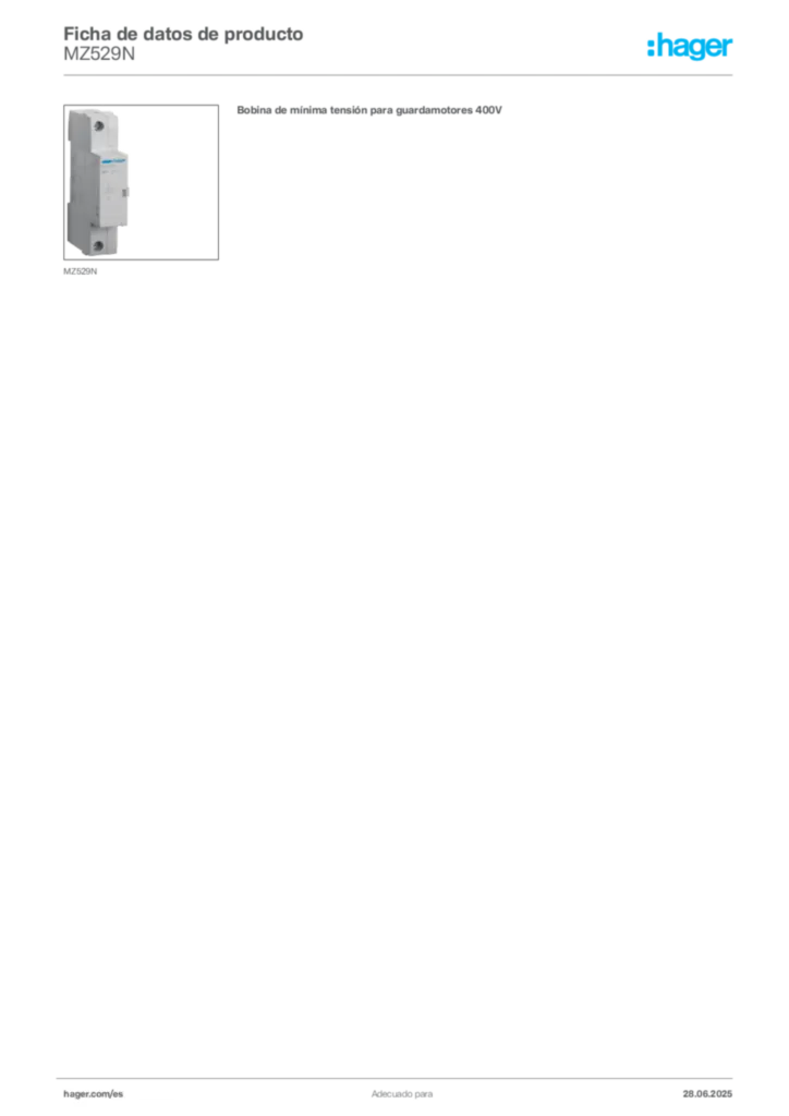 Imagen Hager Ficha de datos de producto MZ529N | Hager España
