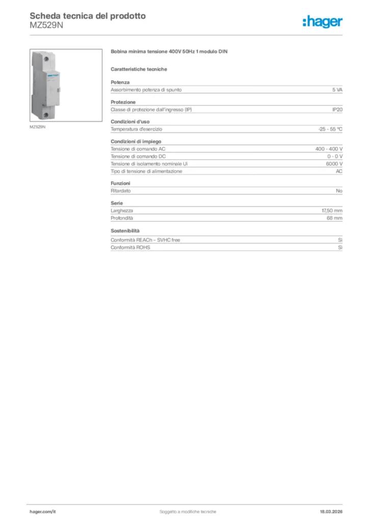 Immagine Hager Scheda tecnica del prodotto MZ529N | Hager Italia